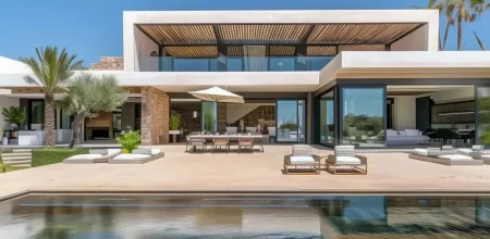 Modern villa in Morocco, front facade, large bay windows, swimming pool in the foreground, garden with palm trees.